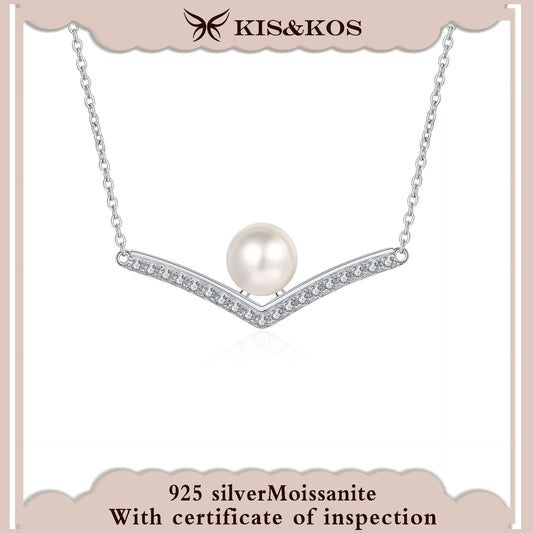 #95 KIS&KOS 925 silver chain with collarbone 8mm flawless freshwater pearls V moissanite necklace